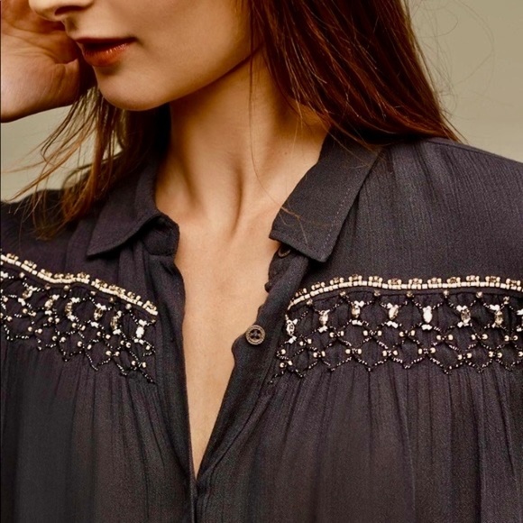 Anthropologie FLOREAT Beulah Navy Blue Beaded Top Blouse Tunic Beading Small - Picture 6 of 15